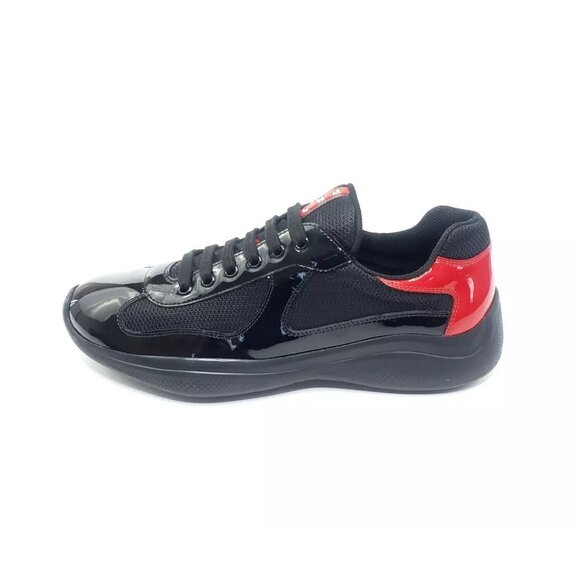 Prada America's Cup Sneakers Anthracite Low Black Red Patent Leather Mens US 8.5 - Picture 1 of 12